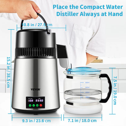 SucceBuy 4L Water Distiller Purifier Filter 1 L/H Distilling Speed Dispenser Drinking Bottle Softener Touch Screen Home Use