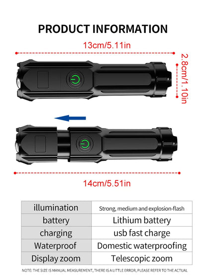 Powerful LED Flashlight 100000 Lumen Tactical Flashlights Rechargeable USB 18650 Waterproof Zoom Fishing Hunting LED Flashlight