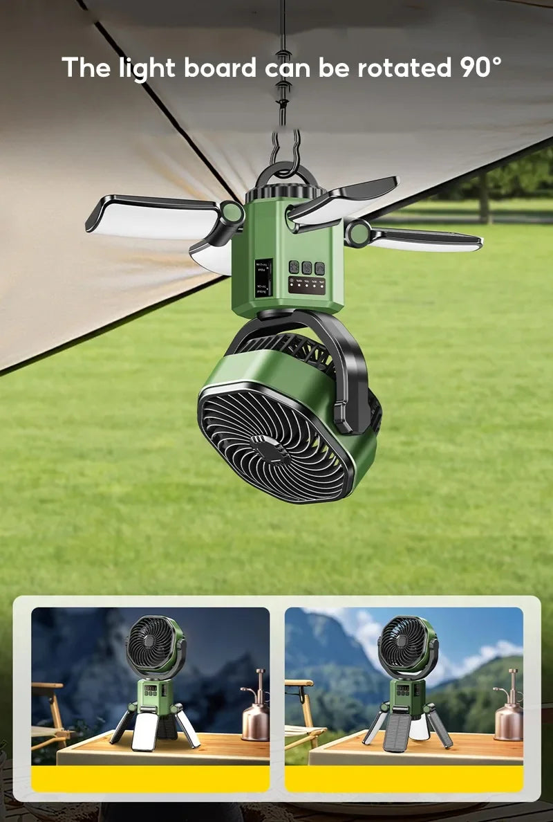 Eary Camping Solar Fan With 6000mAh Battery Powered Tent Camp Fan With Light 4 Speed Wind Adjustable Air Cooling Fan For Outdoor