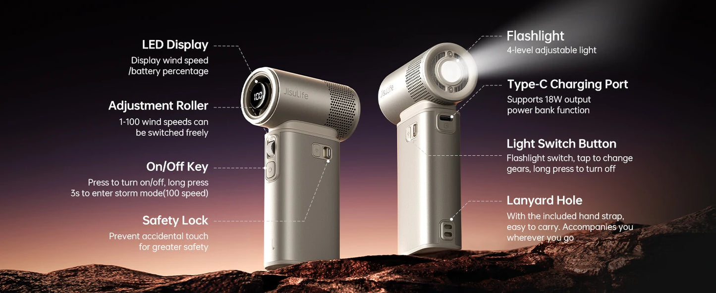 JISULIFE Handheld Fan Ultra 2, Powerful Turbo Jet Fan, 100 Speeds, 9000mAh Rechargeable Battery, LED Display, Outdoor Camping