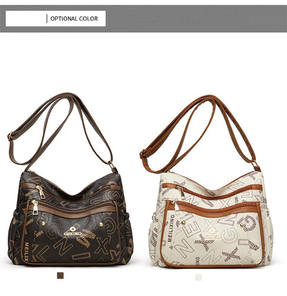 Ladies Middle-Aged Bag Large Capacity printed Work Clothing Soft Leather Multi-Pocket Cross-Body Bag Retro Shoulder Bag