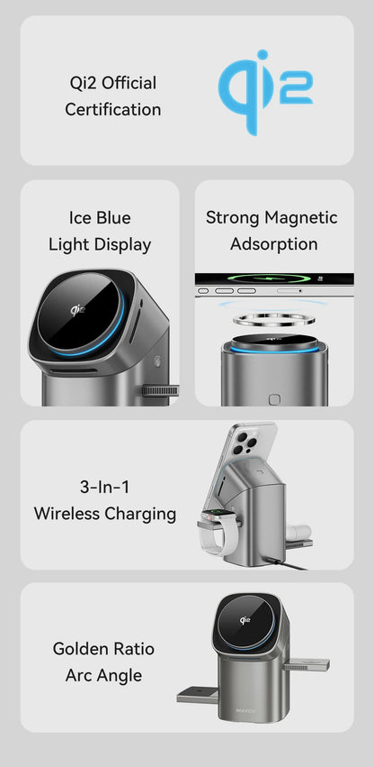 MAXCO Qi2 Magnetic Wireless Charger Fast Charger 3-in-1 Intelligent Fast Charging 15W for IPhone 15/16/17 for iwatch & AirPods
