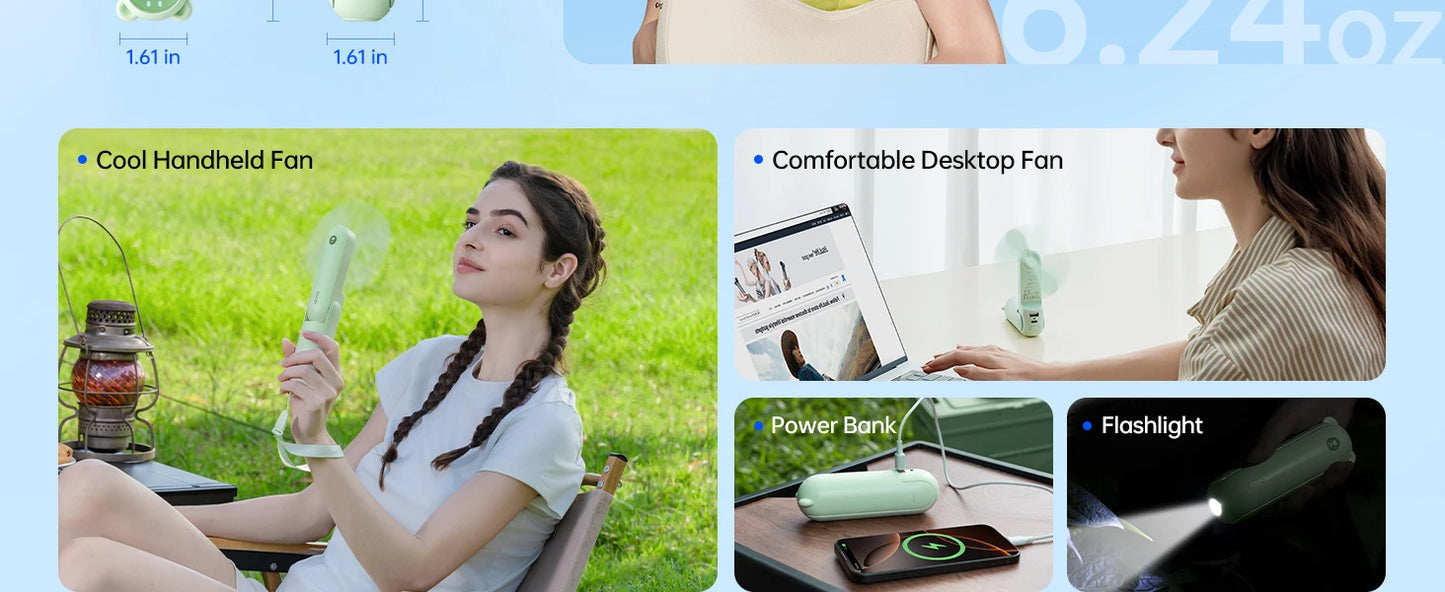 JISULIFE Portable Fan Mini Handheld Fan USB 4500mAh Recharge Hand Held Small 3 in1 Pocket Fan with Power Bank Flashlight Feature