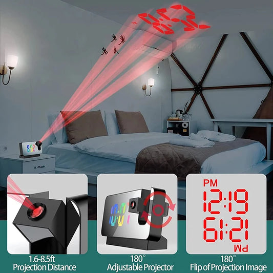 Projection Alarm Clock Desk Clock with Large Color LED Display Rotatable Ceiling/Wall Projector for Bedroom Office Bathroom