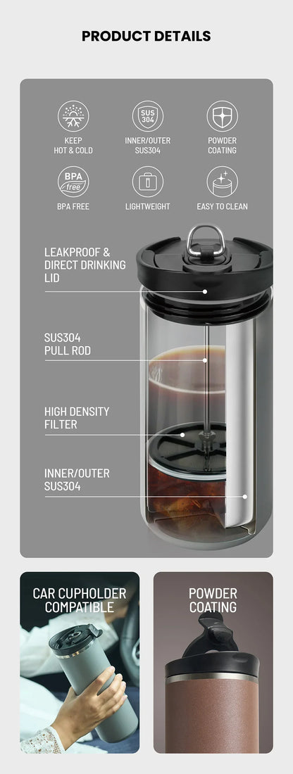 Tyeso French Press Thermoses Travel Mug 304 Stainless Steel Portable Cold Brew Coffee Maker Tea Infuser Double-Wall Insulated