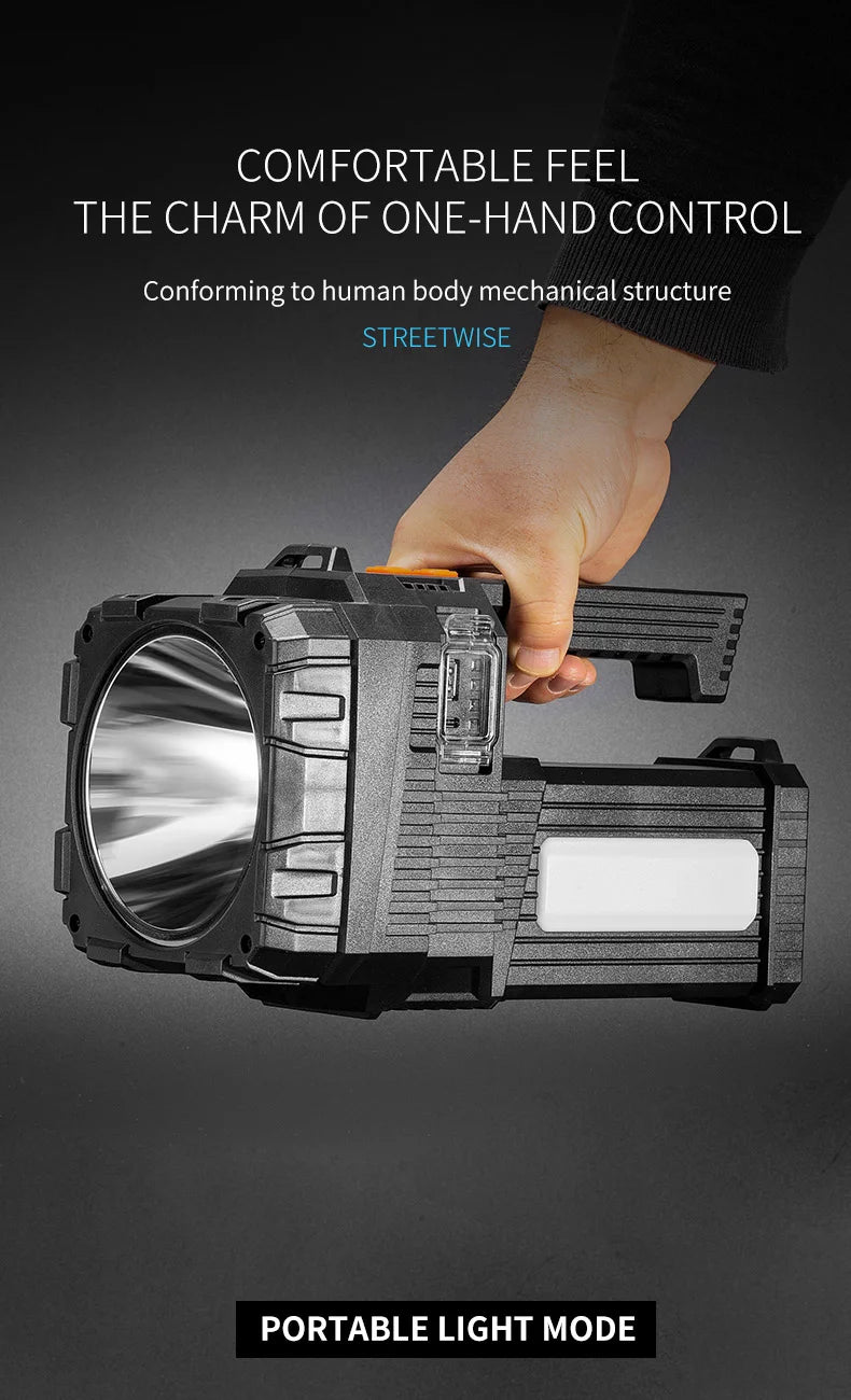 High Power Hand Lamp Solar Energy USB Rechargeable LED Flashlight Outdoor Camping Floodlight Emergency Power Torch Warning Light