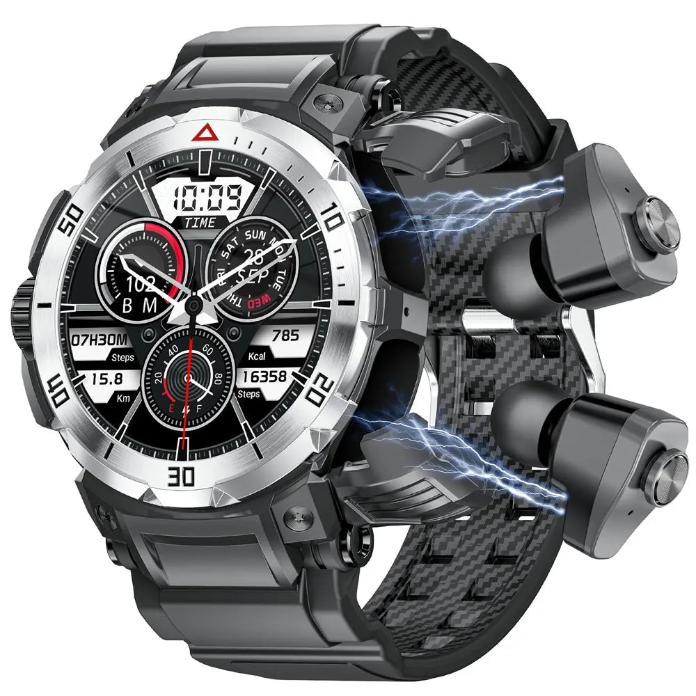 New 3 in 1 Smart Watch for Men With TWS Headset Rugged Military Bluetooth Call Fitness Tracker IP67 Waterproof  for Android iOS