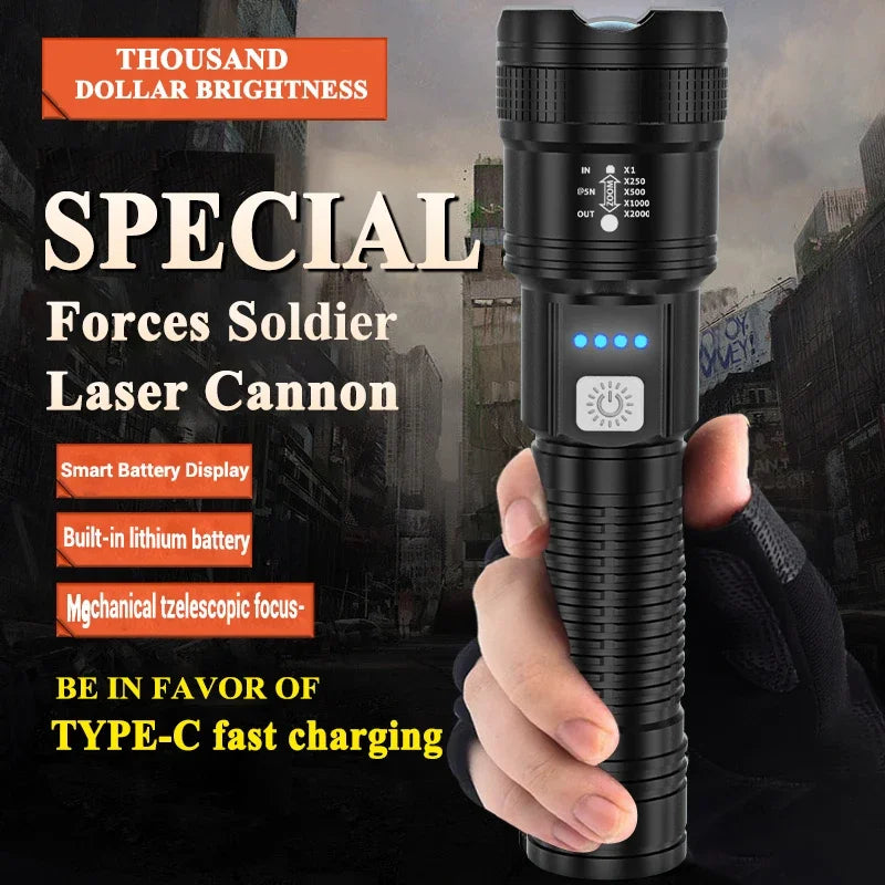 High Strong Power LED Flashlights 2000LM Tactical Torch with Display Light USB Charging.