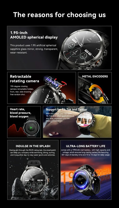 2025 NEW 4G Full Netcom H19 Smartwatch Android System 1.95 Inch 720*720 Amoled Screen 190° Rotating Camera Smart Watch GPS WIFI