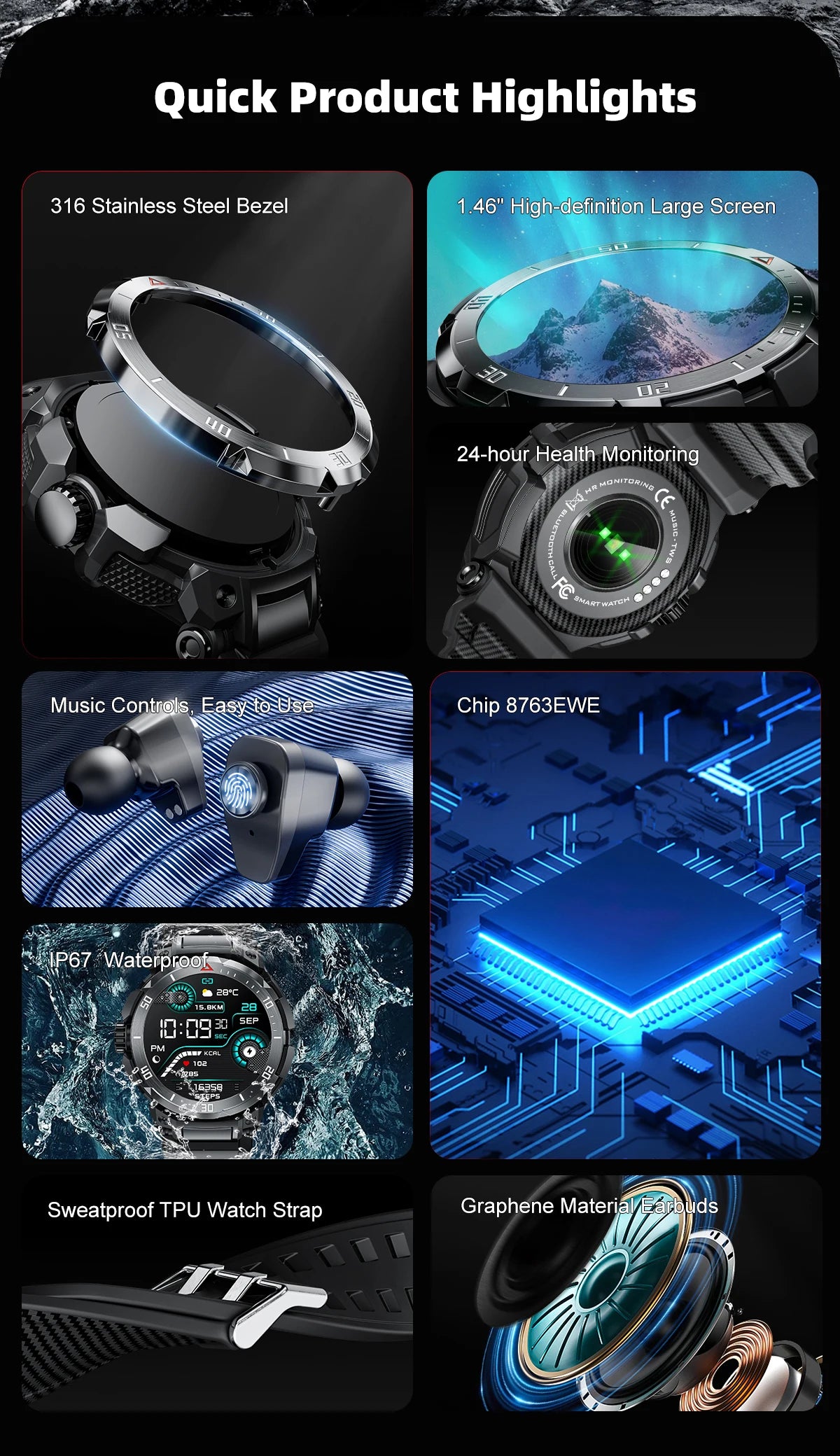 2025 New Smart Watch TWS 2-in-1 Wireless Headphone Music Call Men SmartWatch Health Monitoring Waterproof Sports Watch