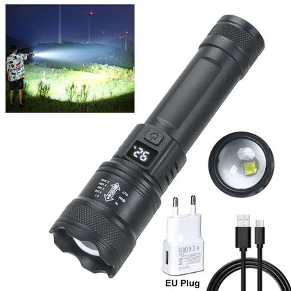 High Strong Power LED Flashlights 2000LM Tactical Torch with Display Light USB Charging.