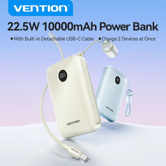 Vention Power Bank 10000mAh 22.5W PD Power Charging with Built-in USB Type-C Cable for iPhone 15/Huawei, Ultra-Portable Charger