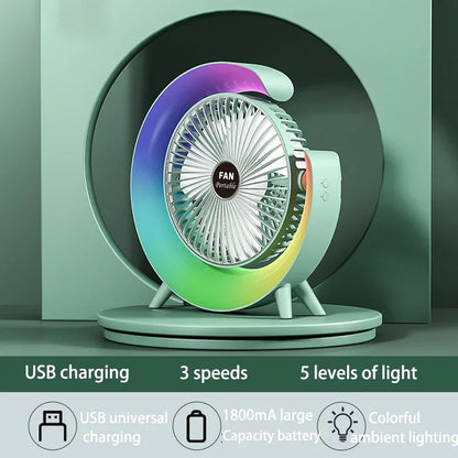 2025 Portable USB power Desk Fan 180 Degree Rotatable with Colorful Light Personal Table Fan for Home Office Bedroom Dorm