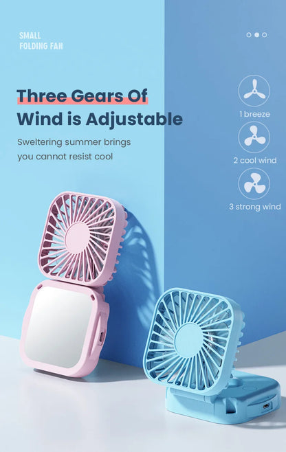 Handheld Portable Fan with Mirror, Mini Fan Small Personal Fan, 500mAh USB Rechargeable Neck Fan Foldable, Quiet Pocket Fan