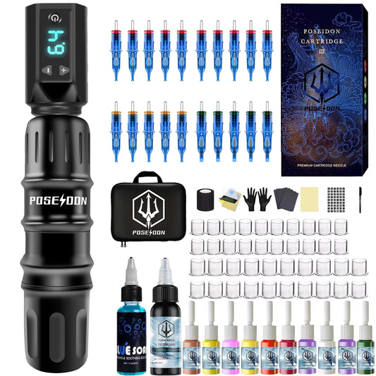 Tattoo Kit POSEIDON High Power Tattoo Pen Kit For Permanent Makeup Tattoo Machine Kit Black Wireless  Tattoo Gun Kit