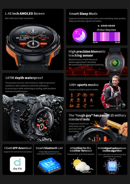 C25 Smart Watches For Men AMOLED Screen 1.43" 1ATM Waterproof Heart Rate Monitor Sports Smartwatch Blue Tooth Call Women Fitness