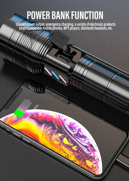 Super Bright 60W LED Flashlight with Power Bank Function, Rechargeable Telescopic Zoom Torch, 5 Modes, IP64,for Hunting/Camping