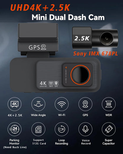 4K Dash Cam WIFI GPS Car DVR 2.5K Rear Camera Video Drive Recorder Dashcam Register Mini Black Box 24H Monitoring Night Vision