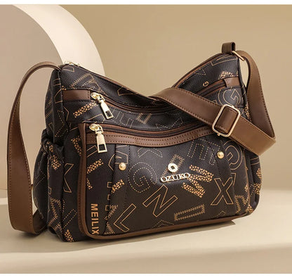Ladies Middle-Aged Bag Large Capacity printed Work Clothing Soft Leather Multi-Pocket Cross-Body Bag Retro Shoulder Bag