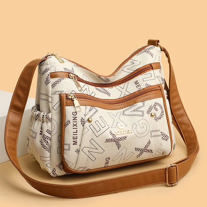 Ladies Middle-Aged Bag Large Capacity printed Work Clothing Soft Leather Multi-Pocket Cross-Body Bag Retro Shoulder Bag