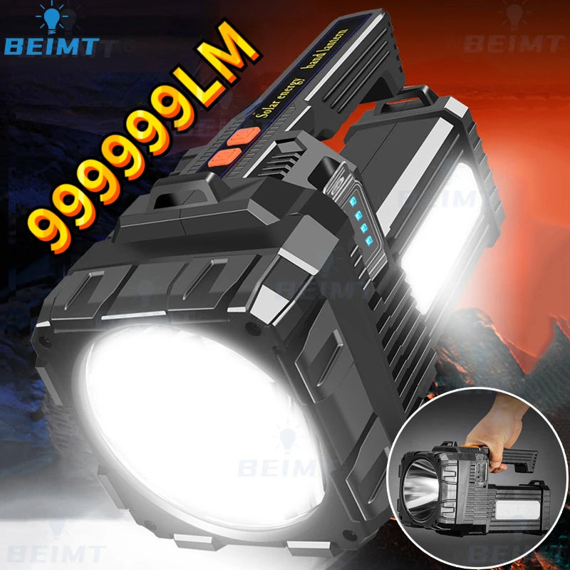 High Power Hand Lamp Solar Energy USB Rechargeable LED Flashlight Outdoor Camping Floodlight Emergency Power Torch Warning Light