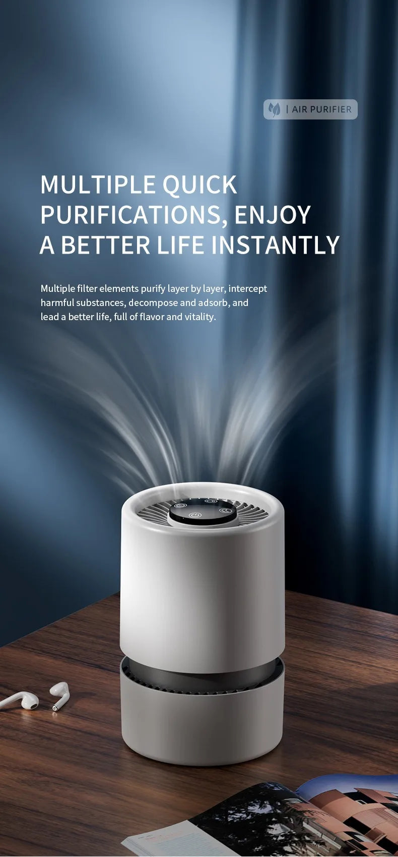 Desktop Air Purifier With HEPA Filter Portable Air Cleaner Odor Remover Air Freshener for Bedroom Office Mini Air Purifier PM2.5