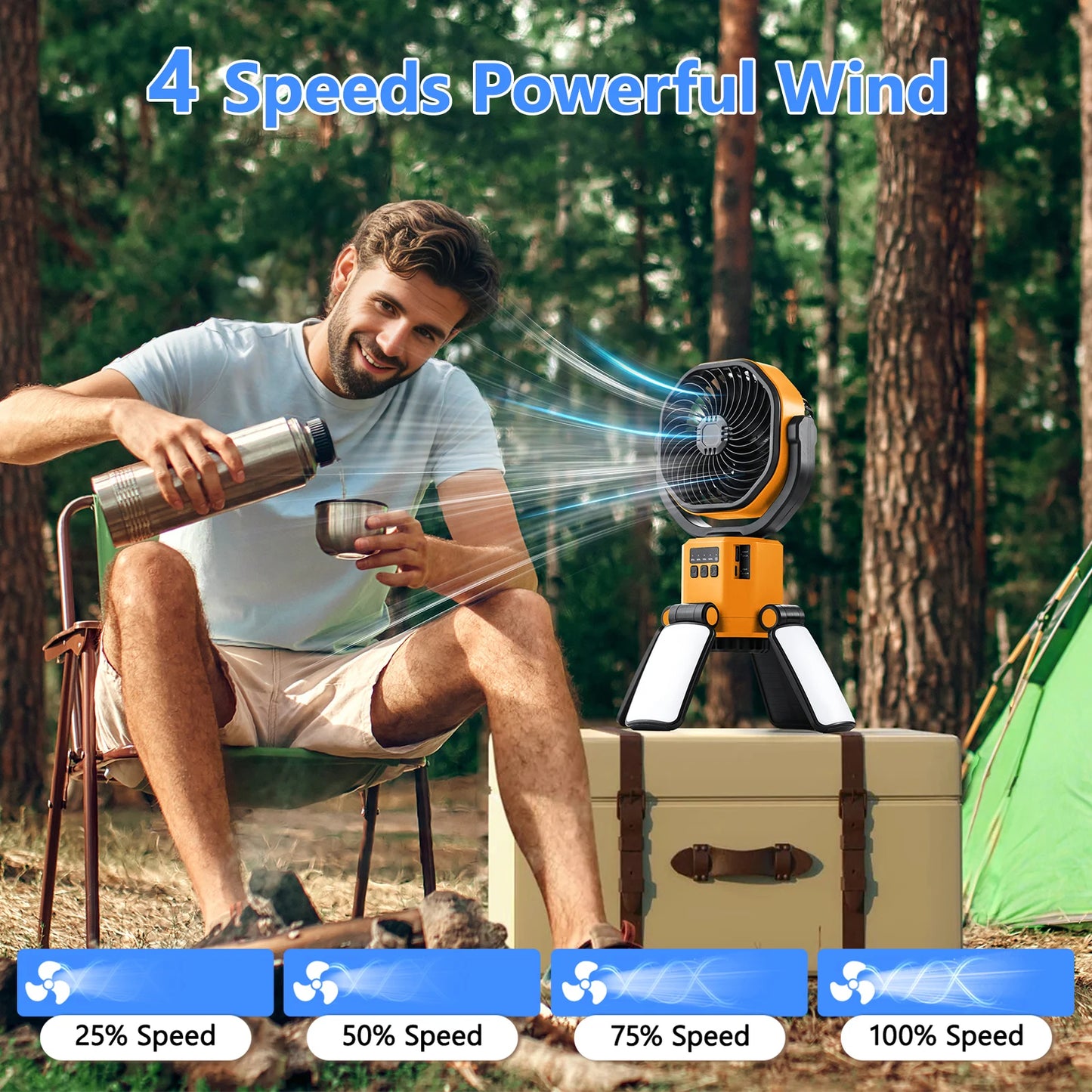 Eary Outdoor Camping Solar Fan 6000mAh Battery Powered Tent Camp Fan With Light 4 Speed Wind Adjustable Summer Air Cooling Fan