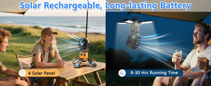 Eary Outdoor Camping Solar Fan 6000mAh Battery Powered Tent Camp Fan With Light 4 Speed Wind Adjustable Summer Air Cooling Fan