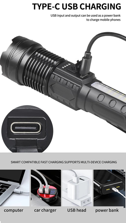 Powerful XHP50 LED Flashlight Waterproof 18650 Torch With Side Light 7 Modes Camping Fishing Lantern USB Rechargeable Zoom Lamp