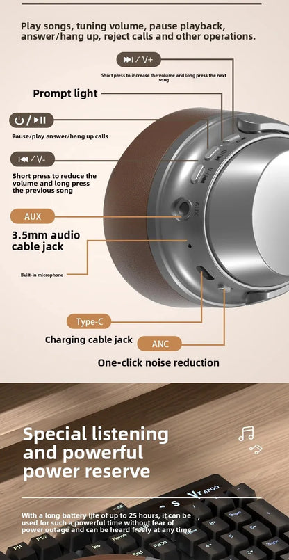 Wireless Headset Bluetooth 5.3 Retro Headphones HIFI Stereo Noise Canceling Earphone Long Standby Stylish Comfortable Headphones