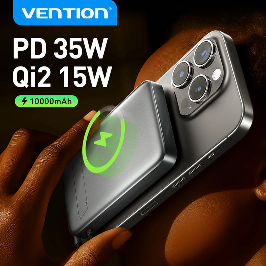 Vention 10000mAh 35W Qi2 Magnetic Power Bank with Built-in USB-C Cable, PD 20W Fast Charging Foldable Stand.