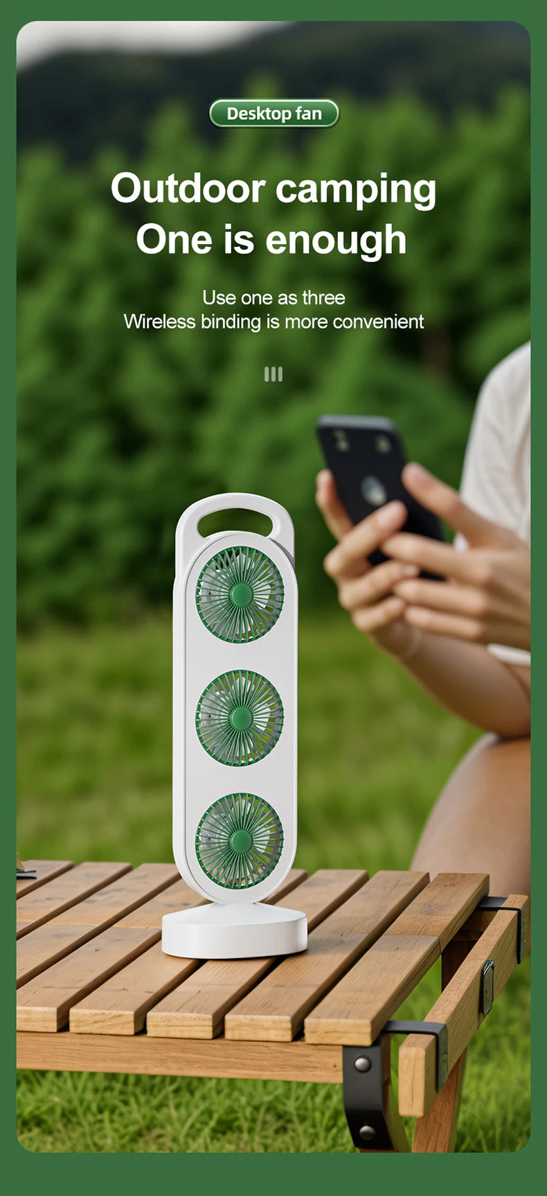 Desktop Fan With Three Air Outlets Usb Charging Adjustable High Wind Power Convenient Cooling Equipment For Outdoor Camping