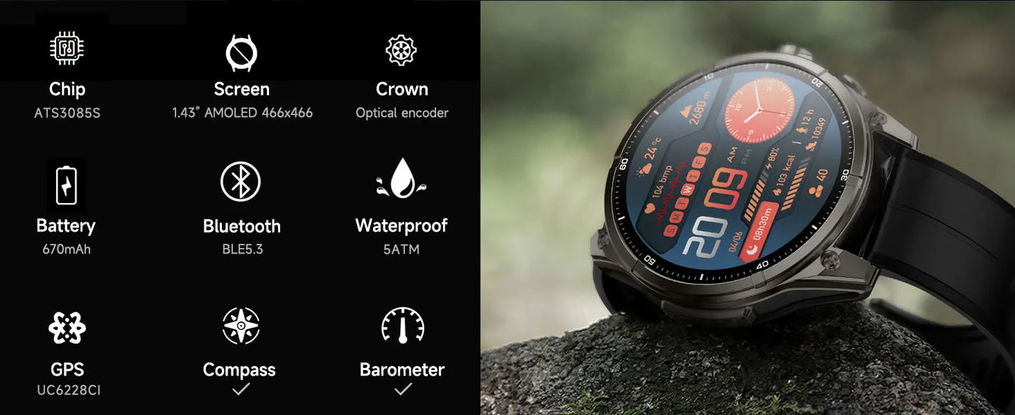 2025 New Premium GPS Smart Watches Outdoor Altimeter Barometer AMOLED Screen Built-in GPS Compass Military Sports Smartwatch Men