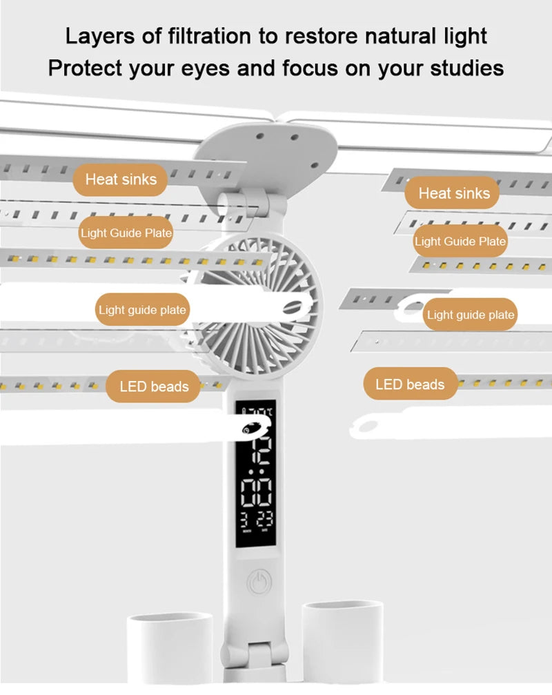 Rechargeable Table Lamp for Study, Desk Lamp Reading Light Led Table Light with Fan, Led Clock Dispaly Reading Lamp