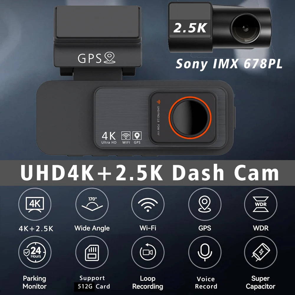 4K Dash Cam WIFI GPS Car DVR 2.5K Rear Camera Video Drive Recorder Dashcam Register Mini Black Box 24H Monitoring Night Vision