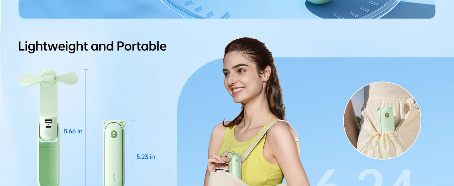 JISULIFE Portable Fan Mini Handheld Fan USB 4500mAh Recharge Hand Held Small 3 in1 Pocket Fan with Power Bank Flashlight Feature