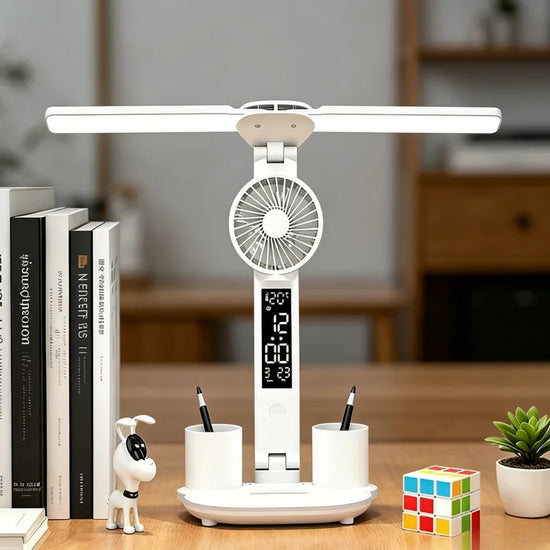 Double Headed Desk Lamp with Fan & Smart Display - LED Rechargeable Dimmable Eye Protection for Study, Reading & Night Light
