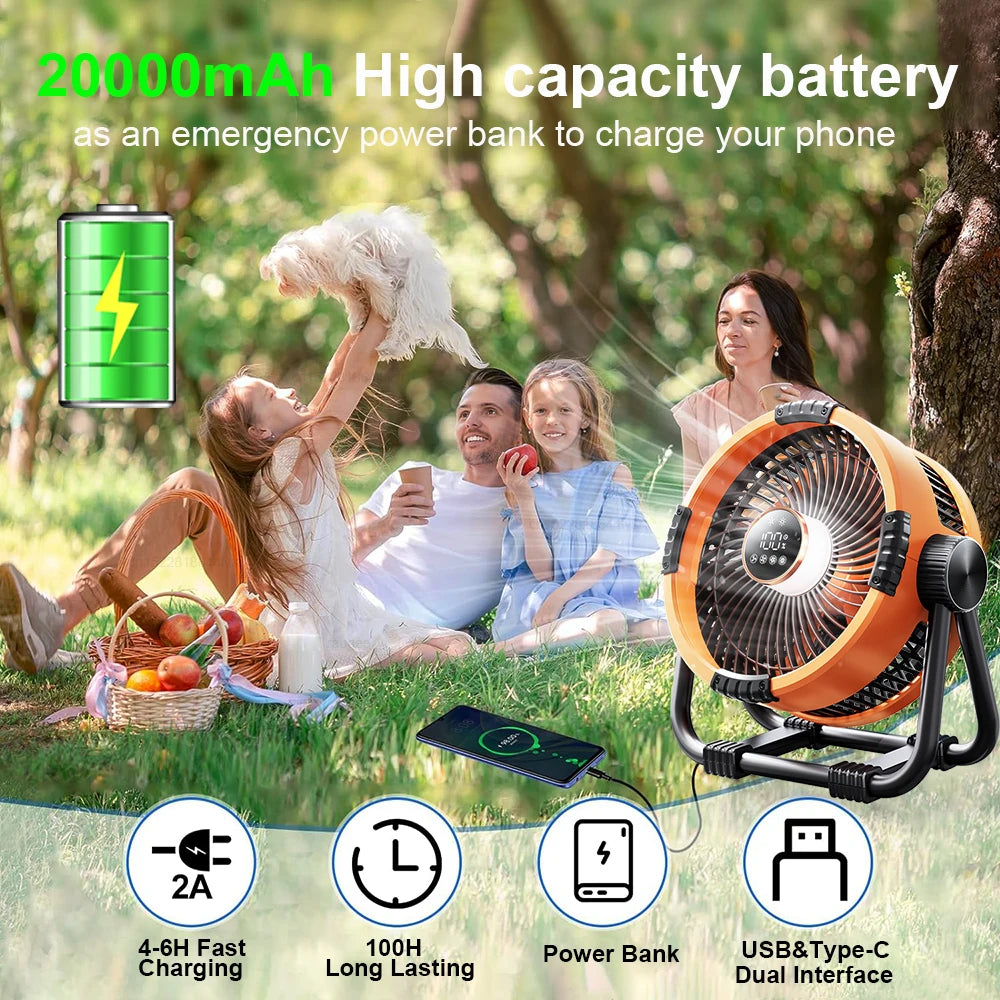 20000mAh Camping Fan Rechargeable Portable Outdoor Camping Ceiling Fan Wireless Tent Fan with Hook and Light Air Circulators