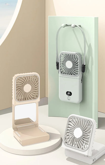 Portable Folding Electric Fan 3-in-1 Mini Handheld Cooling Fan Handheld with Power Bank Makeup Mirror Student Small Fan Outdoor