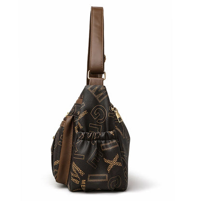 Ladies Middle-Aged Bag Large Capacity printed Work Clothing Soft Leather Multi-Pocket Cross-Body Bag Retro Shoulder Bag