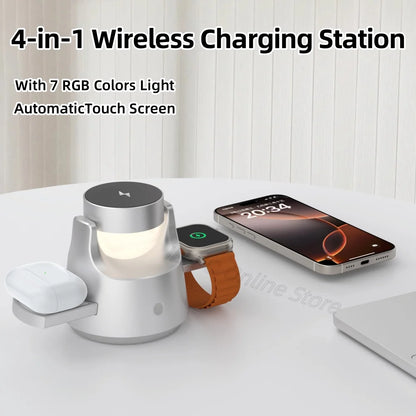 4-in-1 Wireless Charging Station With 7 RGB Colors Light 15W Fast Charging Magnetic Touch Control for iPhone 16 AirPods iWatch