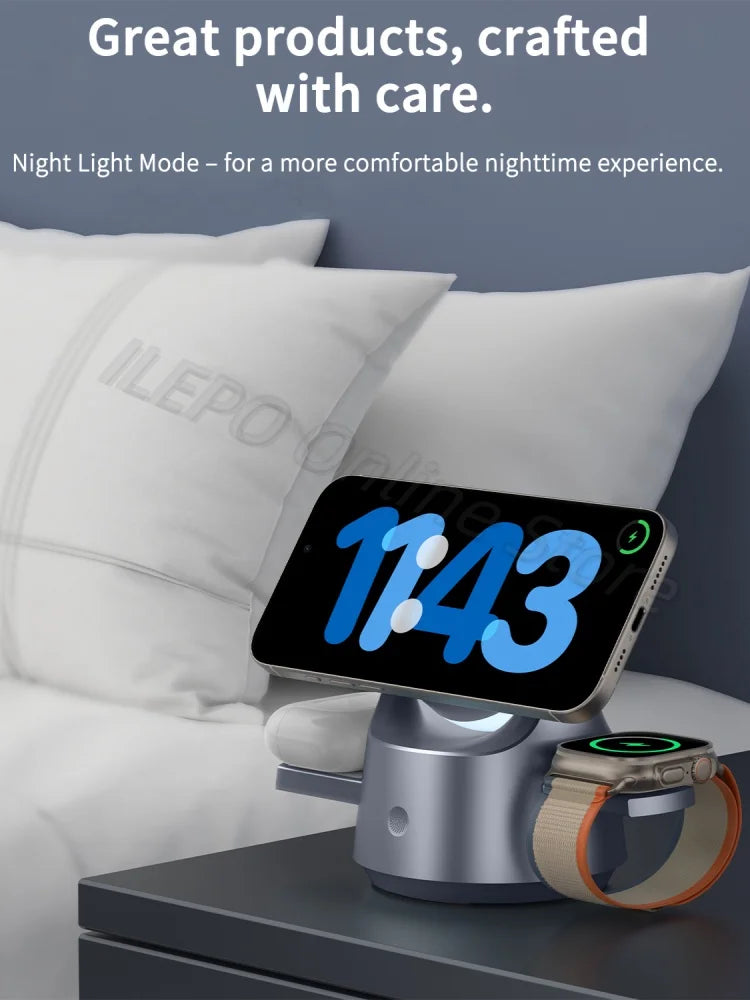 4-in-1 Wireless Charging Station With 7 RGB Colors Light 15W Fast Charging Magnetic Touch Control for iPhone 16 AirPods iWatch