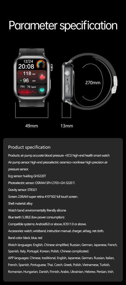 2025 New High-end Air Pump Lipid Smart Watch Men ECG+PPG Precise Blood Pressure Heart Rate BT Call NFC  Health Watches