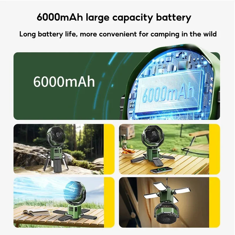 Eary Camping Solar Fan With 6000mAh Battery Powered Tent Camp Fan With Light 4 Speed Wind Adjustable Air Cooling Fan For Outdoor
