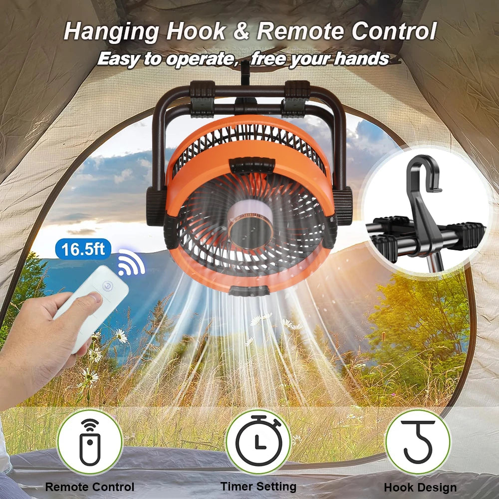 20000mAh Camping Fan Rechargeable Portable Outdoor Camping Ceiling Fan Wireless Tent Fan with Hook and Light Air Circulators