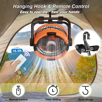 20000mAh Camping Fan Rechargeable Portable Outdoor Camping Ceiling Fan Wireless Tent Fan with Hook and Light Air Circulators