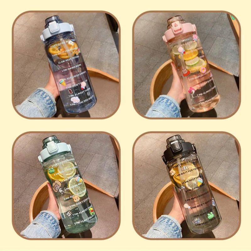 2L Sports Water Bottle with Straw Portable Large Capacity Water bottles Fitness Bike Cup Summer Cold Water Jug with Time Marker