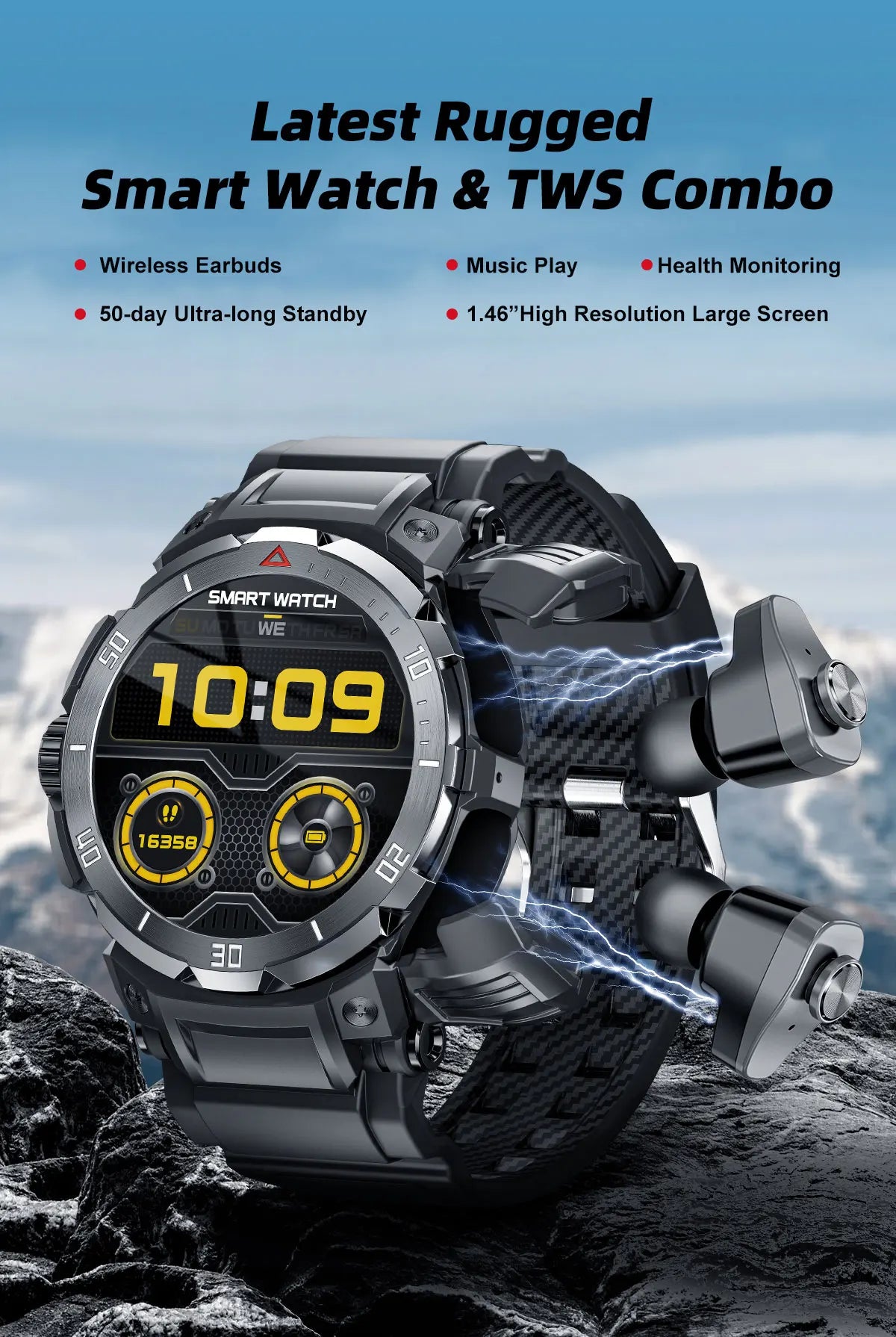 New 3 in 1 Smart Watch for Men With TWS Headset Rugged Military Bluetooth Call Fitness Tracker IP67 Waterproof  for Android iOS