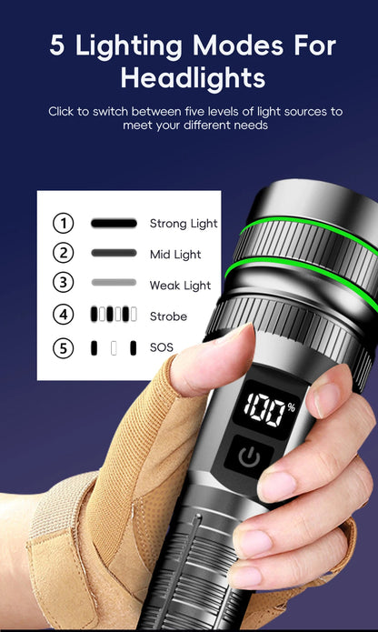 Super bright LED flashlight high power strong light long-range tactical flashlight, long outdoor hiking camping emergency light