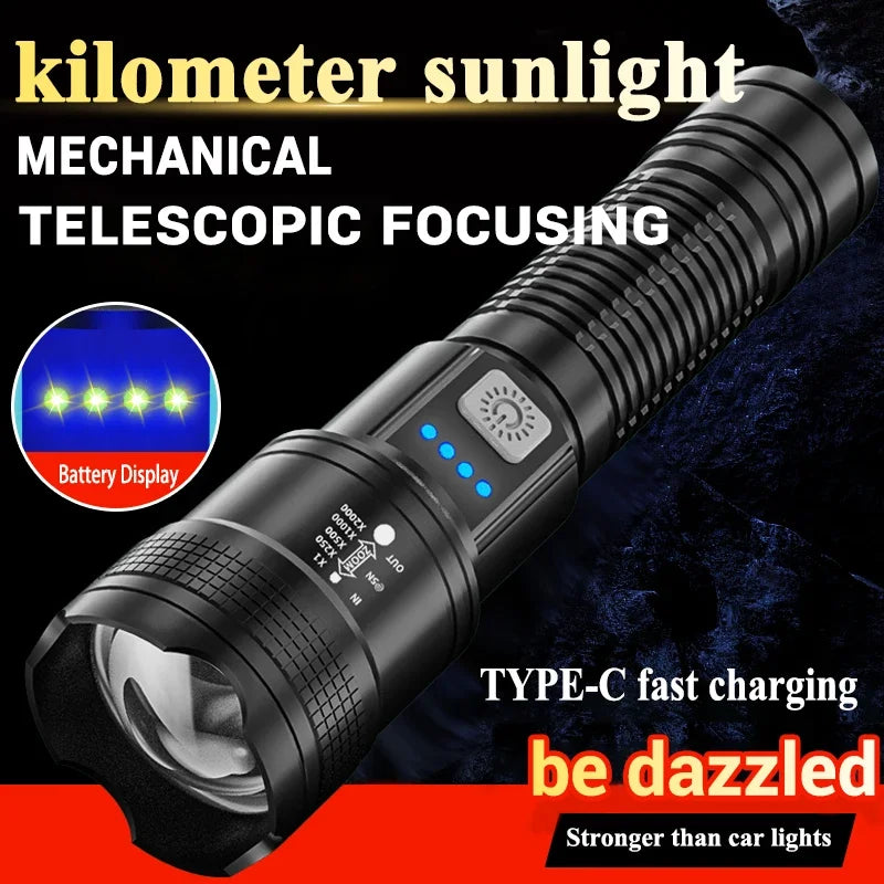 High Strong Power LED Flashlights 2000LM Tactical Torch with Display Light USB Charging.